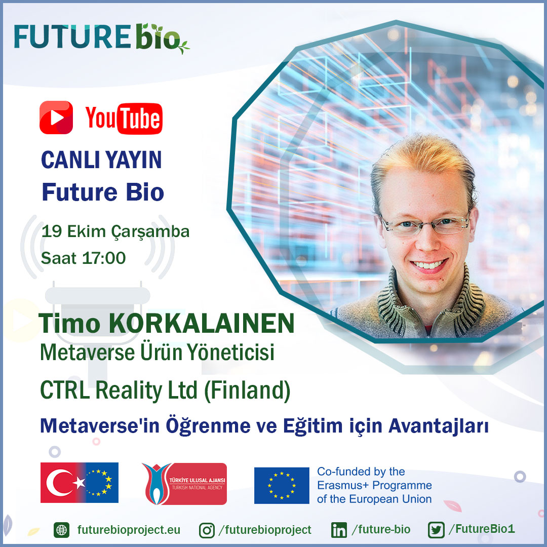 FutureBio1's tweet photo. We will make our next webinar on 19th Oct. Wednesday at 17pm. Timo Kokalainen will talk about 'Advantages of Metaverse for Learning and Training' @ulusalajans
.
.
#metaverse #vr #oculus #bioplastic #futurebio #greenworld #education #erasmus #project #finland #türkiye https://t.co/Glunj14ole