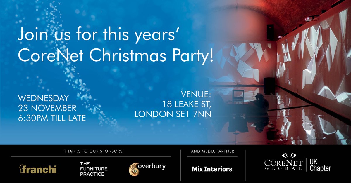 It's never to early to start thinking about Christmas! Diaries are filling up fast so make sure you book your place at the CoreNet Christmas Party which will be taking place on the 23rd of November.

For more info and to book your place - bit.ly/3SZQvzM.

#CRE #Christmas