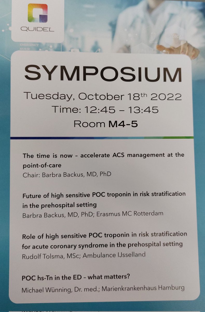 No plans for lunch #EUSEM22 yet? Please come to our lunch symposium on chest pain and high sensitive POC troponin with <a href="/RudolfTolsma/">Rudolf Tolsma</a>, Michael Wunning, @QuidelDX_Europe and <a href="/barbrabackus/">Barbra Backus</a> in R4-5