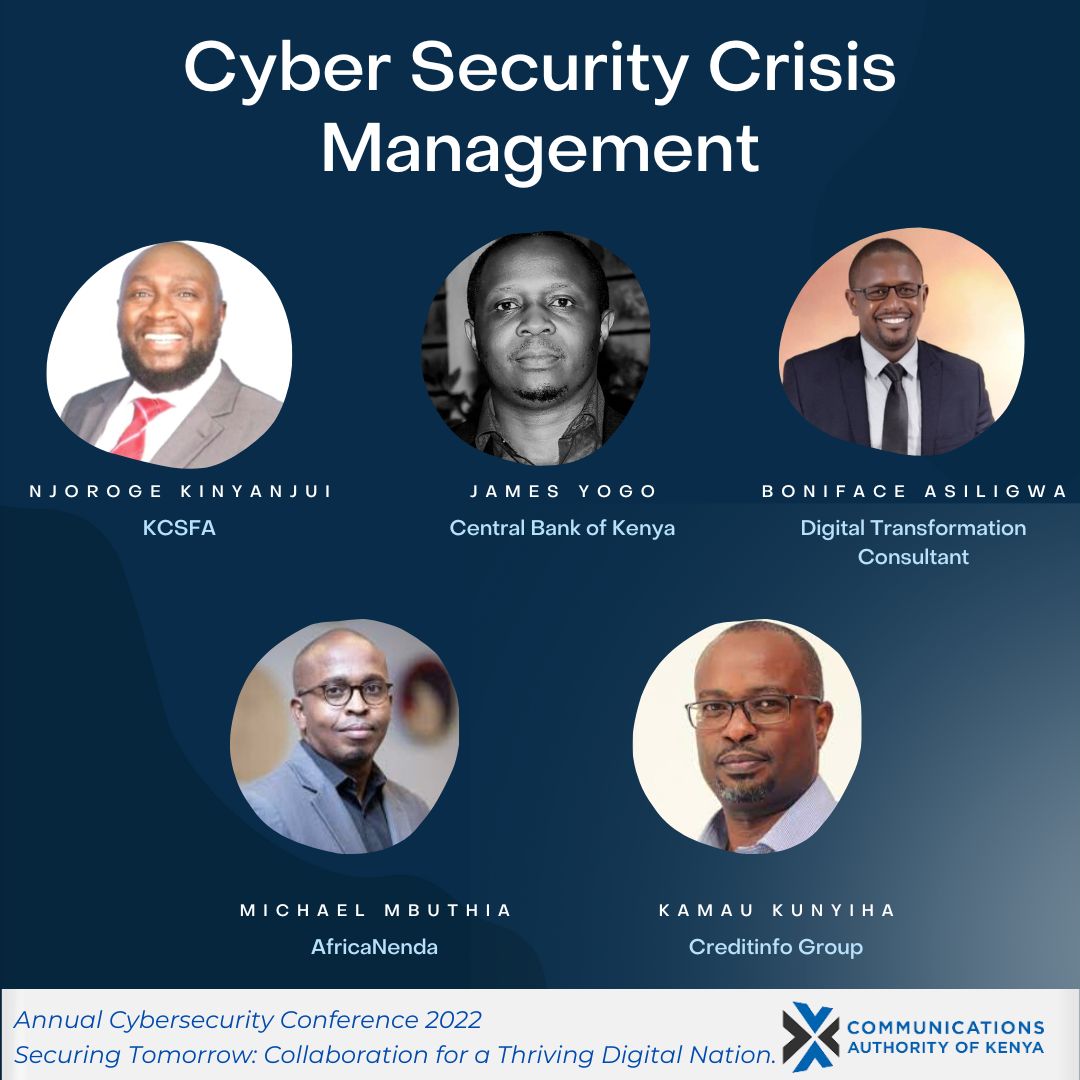 KeCIRT's tweet photo. I introduce to you the panelists of the 2nd panel of the day. They're, Mr. Kinyanjui @kcsfa, Mr. James Yogo @CBKKenya, Mr. Asiligwa, Mr. Mbuthia @AfricaNenda, Mr. Kunyiha @CreditinfoGroup, Mr. Kabuthia @ISC2
#CACyberConference22 https://t.co/FB1l1Ly5SB
