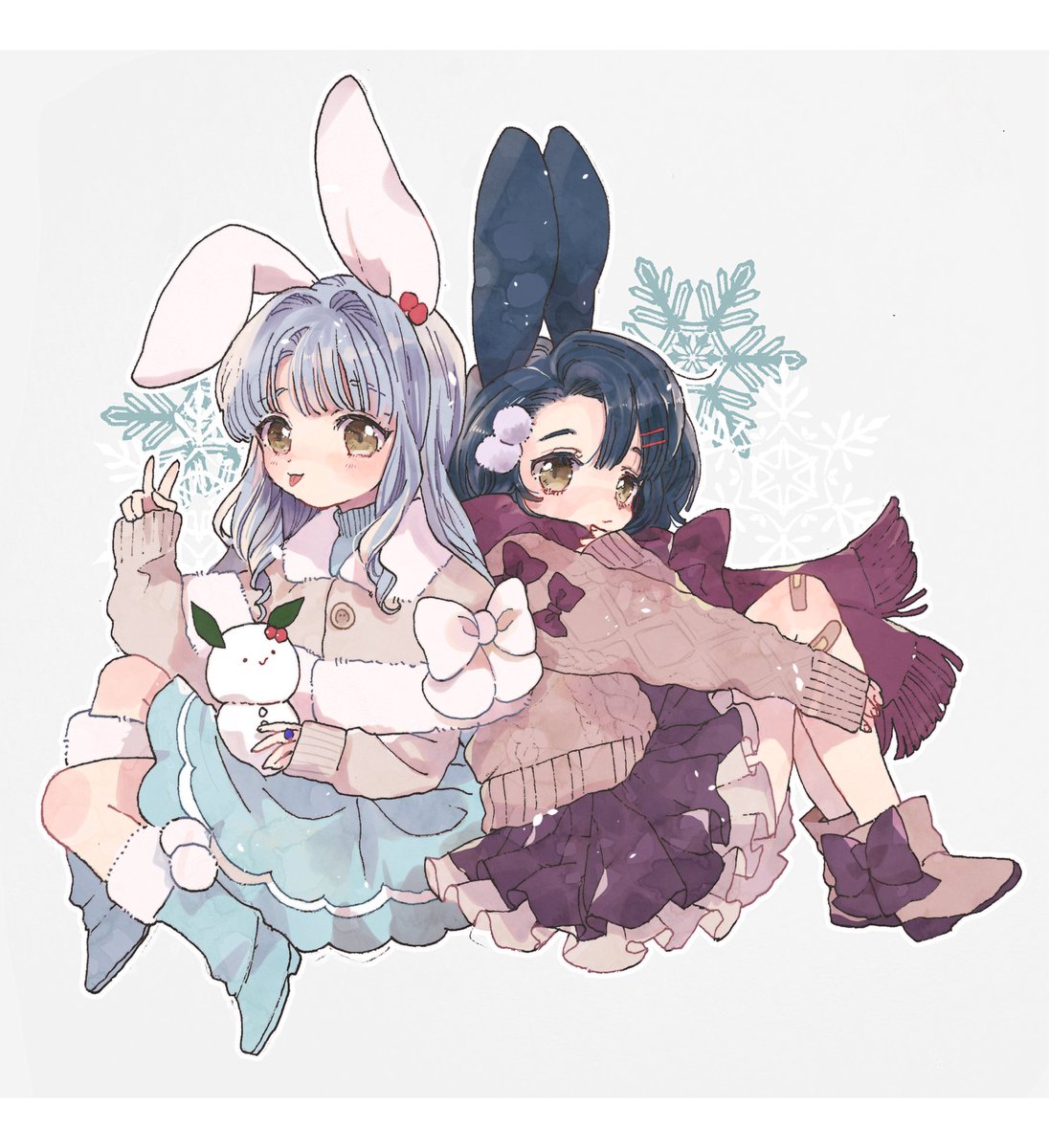 multiple girls 2girls animal ears rabbit ears scarf skirt hair ornament  illustration images