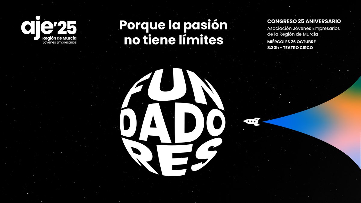 AJERegionMurcia's tweet image. 🥳 ¡Ya está aquí el #CongresoFundadores! 

📅El próximo miércoles 26 de octubre celebramos nuestros 25 aniversario en el @teatrocircomur 

ℹ️ ¡Conoce todo el programa y apúntate aquí: ajeregiondemurcia.com/eventos/congre…!