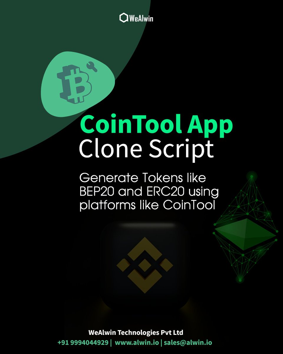 AlwinTechnology's tweet photo. Generate Tokens like #BEP20 and #ERC20 using platforms like #CoinTool
Use this token generation platform as an advanced online digital currency toolbox with customizable options.
Visit us: https://t.co/d0RaABrIb1
Follow @AlwinTechnology
#wealwin #cointoolapp #clonescript https://t.co/1DX2O5Y0RV