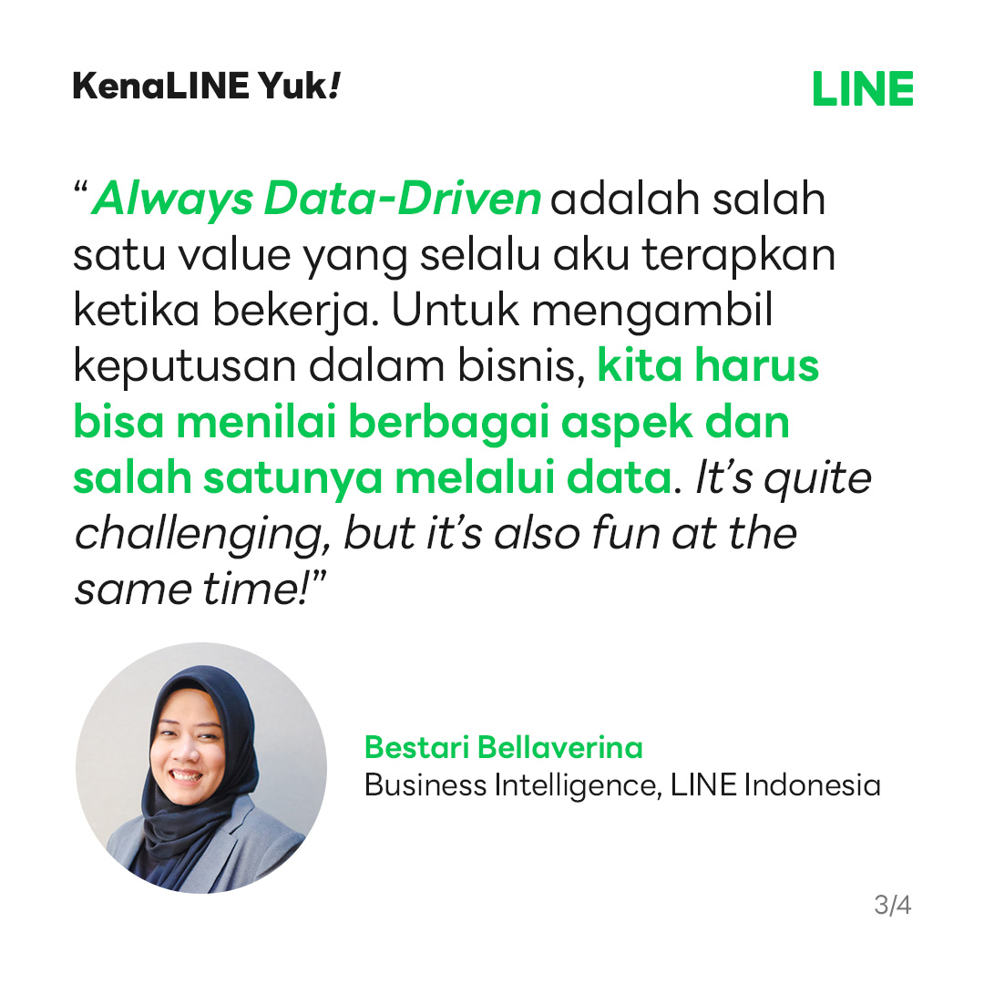 indo_line's tweet photo. KenaLINE Yuk!

Meet Tari, Business Intelligence LINE Indonesia.

Siapa sangka ternyata menganalisa tren dan data bisa menjadi pekerjaan yang menantang, tapi juga sangat menyenangkan lho!

Yuk simak lebih lanjut cerita Tari!

#LINEIndonesia #LINERs https://t.co/Rf2IESoKdB