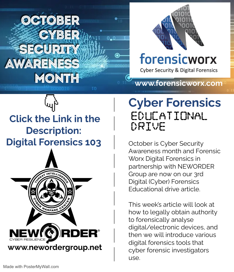 forensicworx's tweet photo. In this week's Cyber Forensics Educational Drive article, we will cover the legal aspects of gaining access to data on electronic devices and cover some of the tools used by digital forensic practitioners. Read our 3rd article - Digital Forensics 103 here: https://t.co/zDkrqX4IPc https://t.co/Tf6e8W4skr
