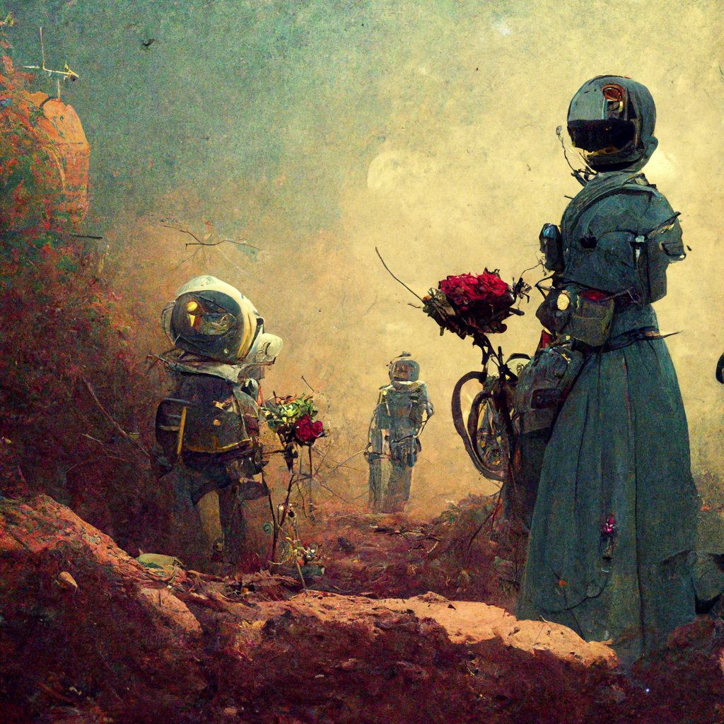 AIgene_NFT's tweet photo. Our text-to-image algorithm generator💻
Artwork about Love, Death&amp;Robots❤️❌🤖 #lovedeathrobots  #AIArtworks #NFT #NFTs #AI
Robot astronauts holding roses on the moon🌹 
Picture in the style of Steampunk🎨 https://t.co/HgEMVgokfI