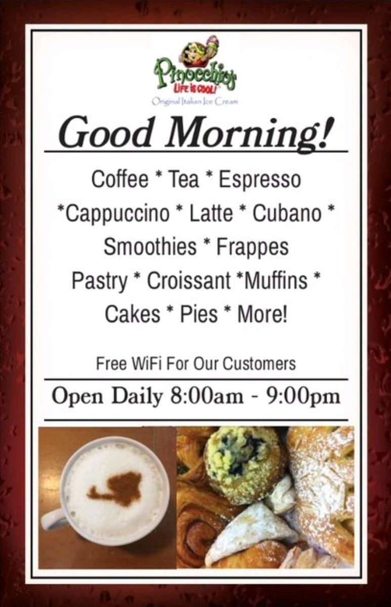 PinocchioSI's tweet photo. Good Morning Everyone. Today is Day 3 of our light fare morning offering in our Ft Myers store. Our new hours in the Ft Myers store are 8am - 9pm. So stop by and say hello! #comeseeus #GoodMorningEveryone https://t.co/OmN8C1CXJQ