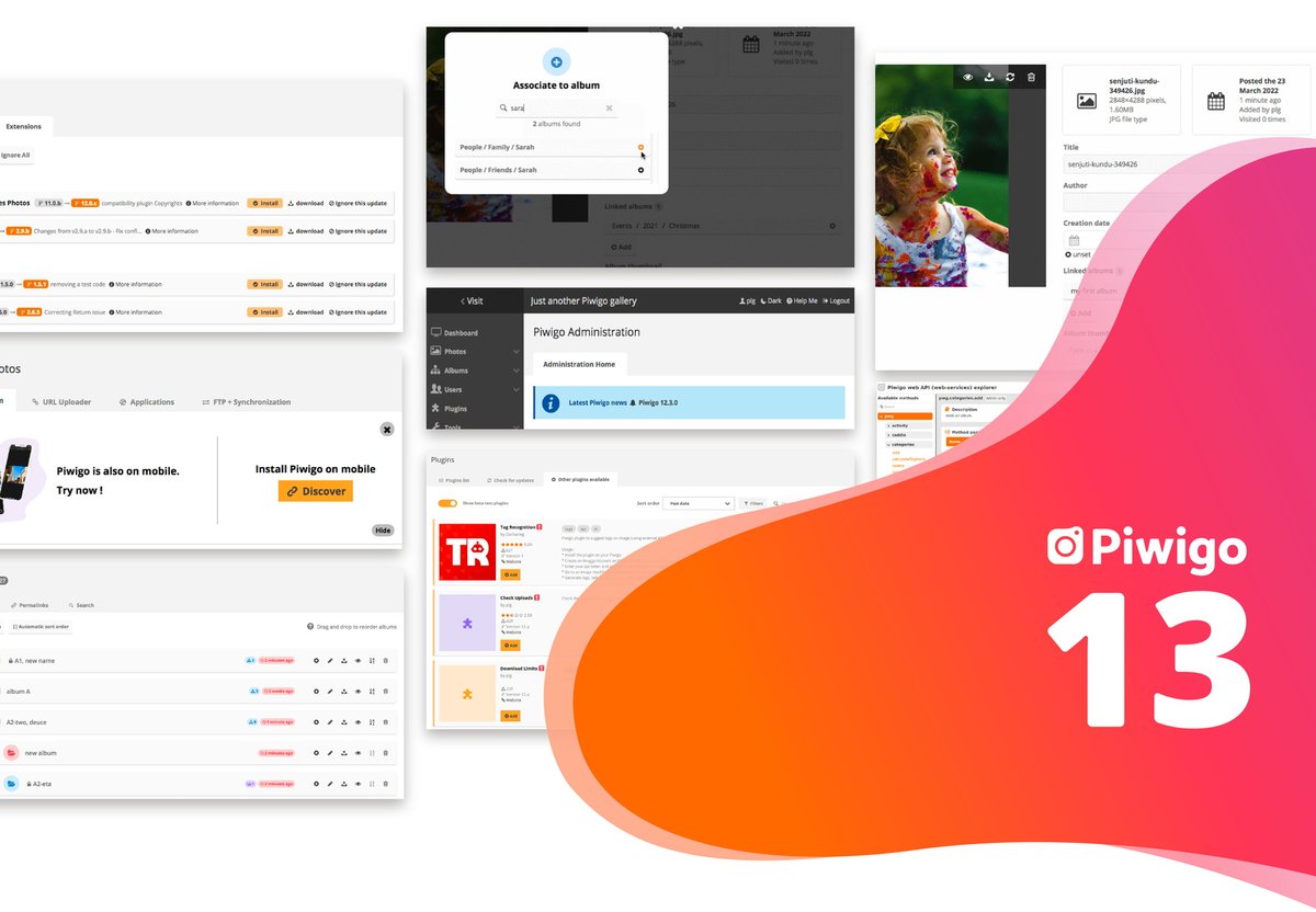 🆕We're proud to announce the release of #Piwigo 13 !
A major update with new features, improvements and technical changes:
- album manager redesign
- multiple formats for the same photo
- support of php 8.1
...
Take a look at the release note : piwigo.org/release-13.0.0