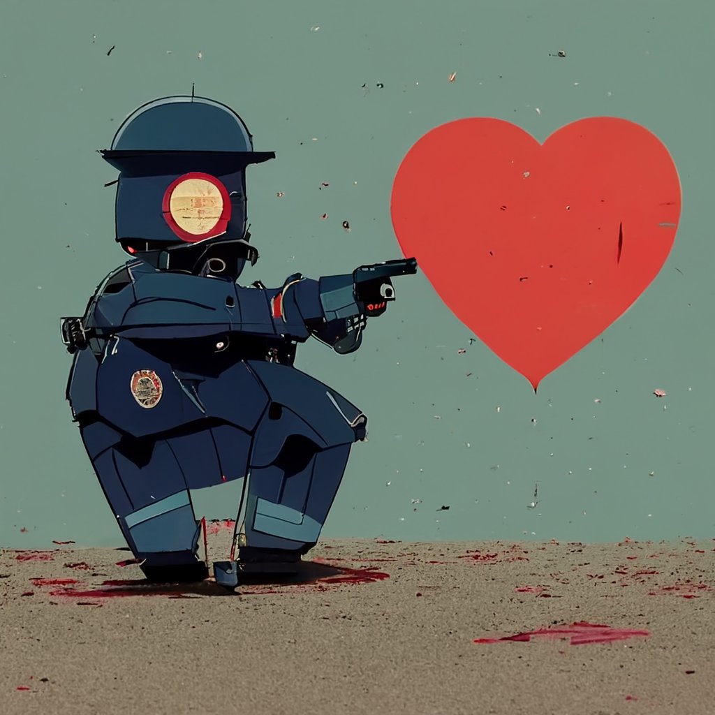 AIgene_NFT's tweet photo. Our text-to-image algorithm generator💻
Artwork about Love, Death&amp;Robots❤️❌🤖 #lovedeathrobots  #AIArtworks #NFT #NFTs #AI
A robot policeman with a pistol 👮
Picture in the style of Makoto Shinkai🎨 https://t.co/HvnjSy3Hyq