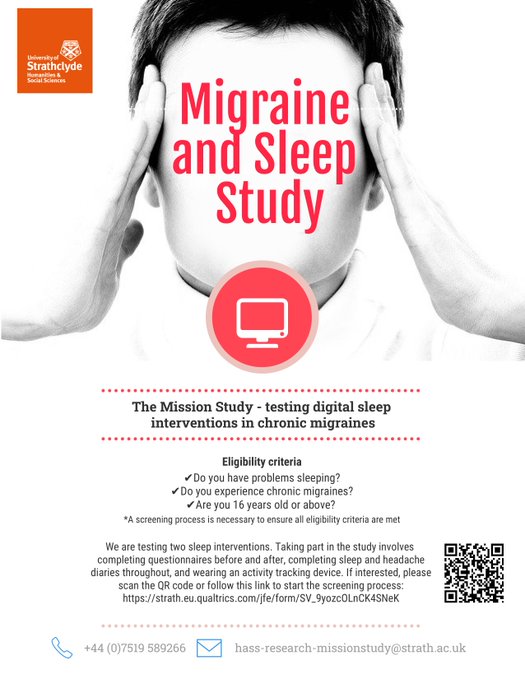 BRUKresearch's tweet photo. .@UniStrathclyde are carrying out a migraine &amp; sleep study to test digital sleep interventions in chronic migraines. If you're over the age of 16, have problems sleeping &amp; suffer from chronic migraines please consider taking part. Scan the QR code in the image to find out more. https://t.co/BPNO35sCGV