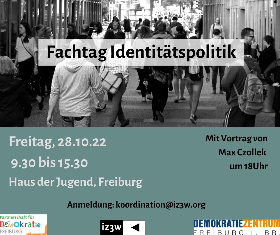 iz3w's tweet image. ►Das Thema #Identitätspolitik erhitzt die Gemüter. Doch was ist das überhaupt? Und was wollen Akteur*innen, die von sich sagen, Identitätspolitik zu betreiben? 
Wir laden ein zum Fachtag Identitätspolitik!
28.10. | Haus der Jugend | Eintritt frei
Anmeldung: koordination@iz3w.org
