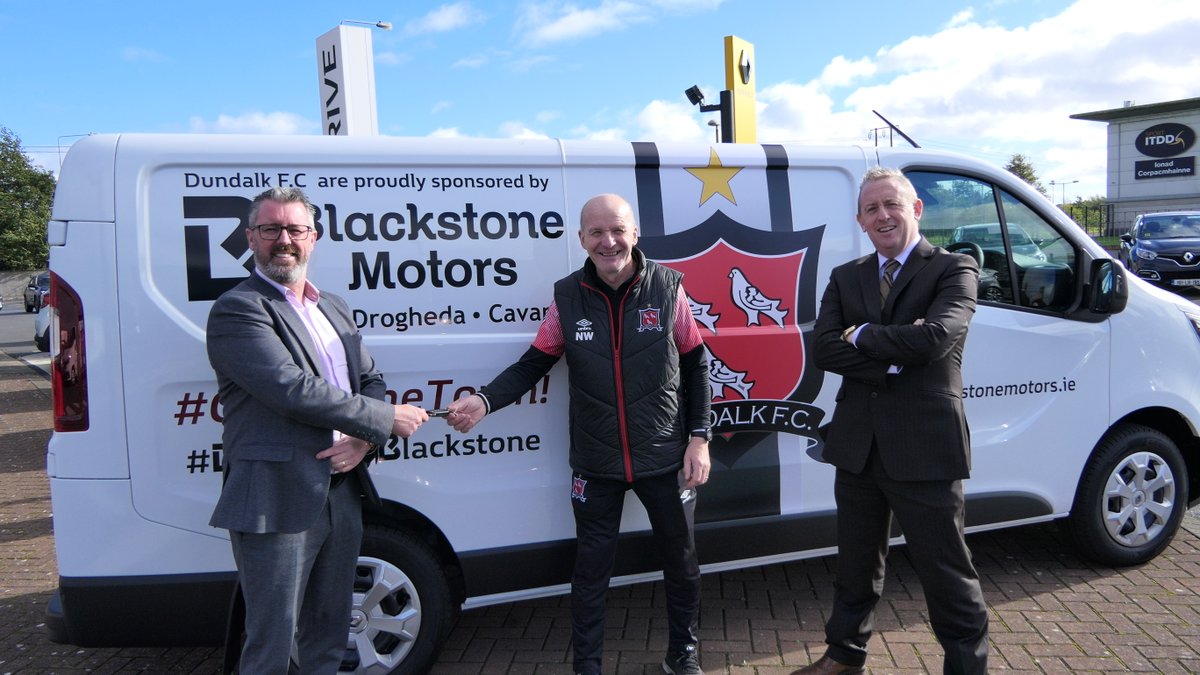 DundalkFC's tweet photo. 🚚 Our kitman Noel Walsh was at the showroom of our Official Mobility Partners @OfficialBSM_1 on Monday to collect his new Renault Trafic kit van from Noel Stewart and Donal Waters.

#BackedByBlackstone https://t.co/M7IJzHTgDU