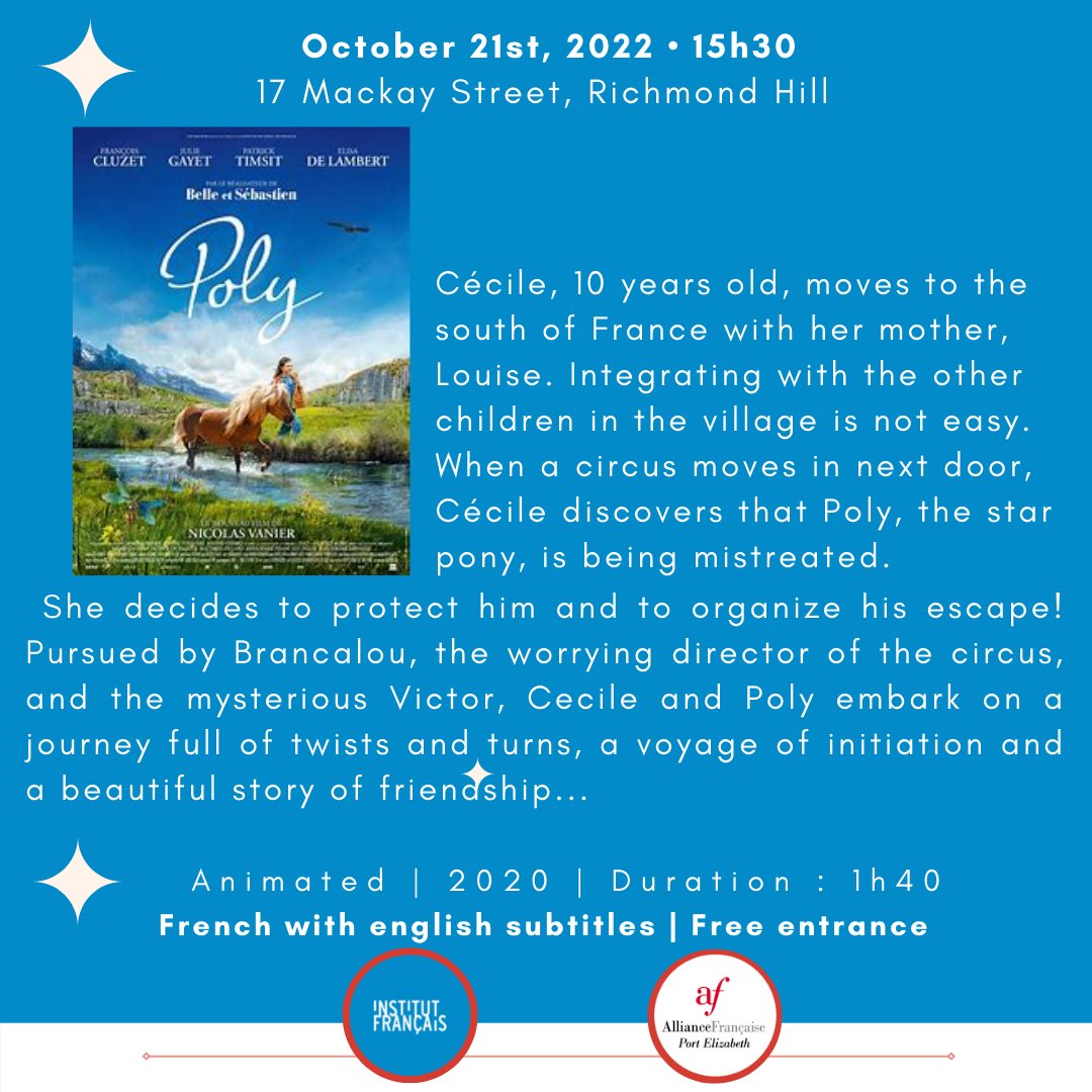 AFPortElizabeth's tweet photo. 🎬 Next Friday, the cinema is for the kids ! 🐻
"Poly" a French animated adventure film, with english subtitles !✨
French audio with english subtitles - duration 1h40
Here is the trailer :
https://t.co/yVCRe6F4s5
#french #AllianceFrançaise  #cinemaforkids #Poly #InstitutFrançais https://t.co/3Sp99wLszu