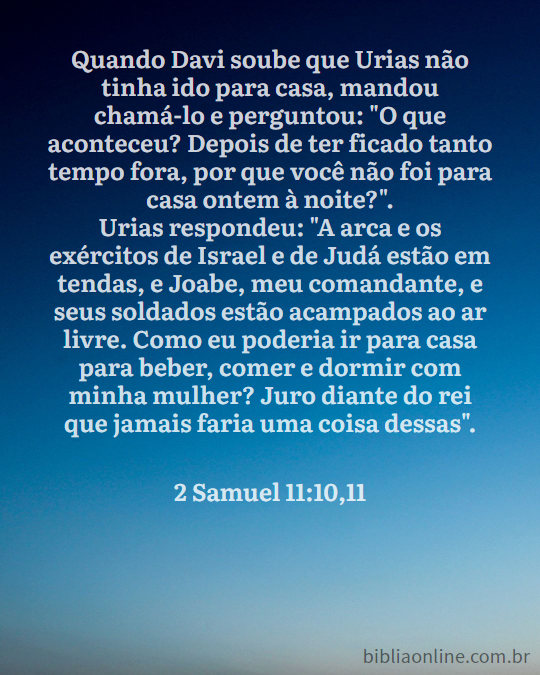 Jair47240183's tweet photo. 2 Samuel 11:10,11 - Nova Versão Transformadora(NVT)
https://t.co/3V0qZD5ux2

#Bíblia  #NVT  #BíbliaNVT  #rpSp  #2Samuel11  #2Sm11  #Deus  #Israel  #Davi  #ociosidade  #tentação  #pecado  #LEIA_A_BÍBLIA  #ESTUDE_A_BÍBLIA  #CONHEÇA_A_BÍBLIA  @BibliaNVT  @bibliaonline https://t.co/ALttBx7Lci