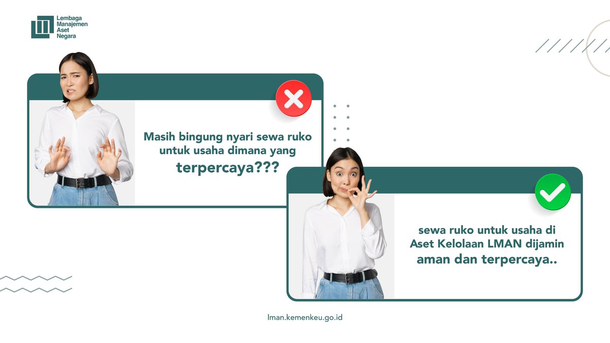 BLU_LMAN's tweet photo. #SahabatAset gak perlu bingung lagi yaa😁
Sewa aset kelolaan LMAN resmi, aman, dan terpercaya.

Yuk hubungi layanan SapaLMAN melalui WhatsApp di Nomor 0878.7001.6778 atau melalui email info.lman@kemenkeu.go.id

#LMAN #OptimalAsetnya #AsetNegara #IniPunyaKita https://t.co/u2RHsmC22m