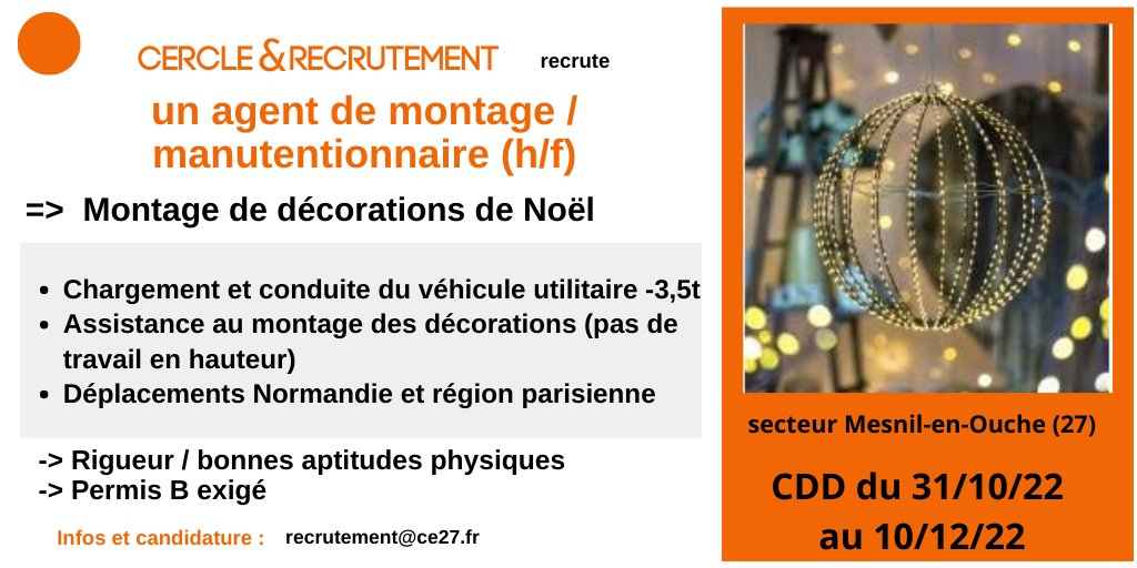 CercledEchanges's tweet image. @CercledEchanges spécialiste du #Recrutement cherche un manutentionnaire pour assistance au montage de décorations de Noël, secteur Bernay @EureenNormandie @Eveil_Normand @CourrierdelEure @Eureinfodepeche