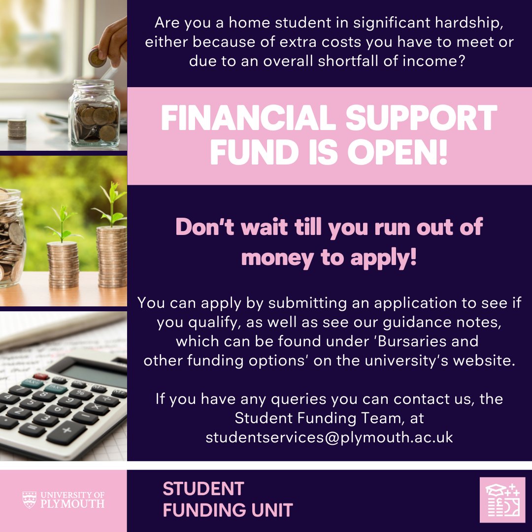 Do you have high costs for travel, equipment or other expenses that you're struggling to pay for? Then please take a look at the Financial Support Fund and submit an application to see if you qualify: plymouth.ac.uk/study/fees/sch…