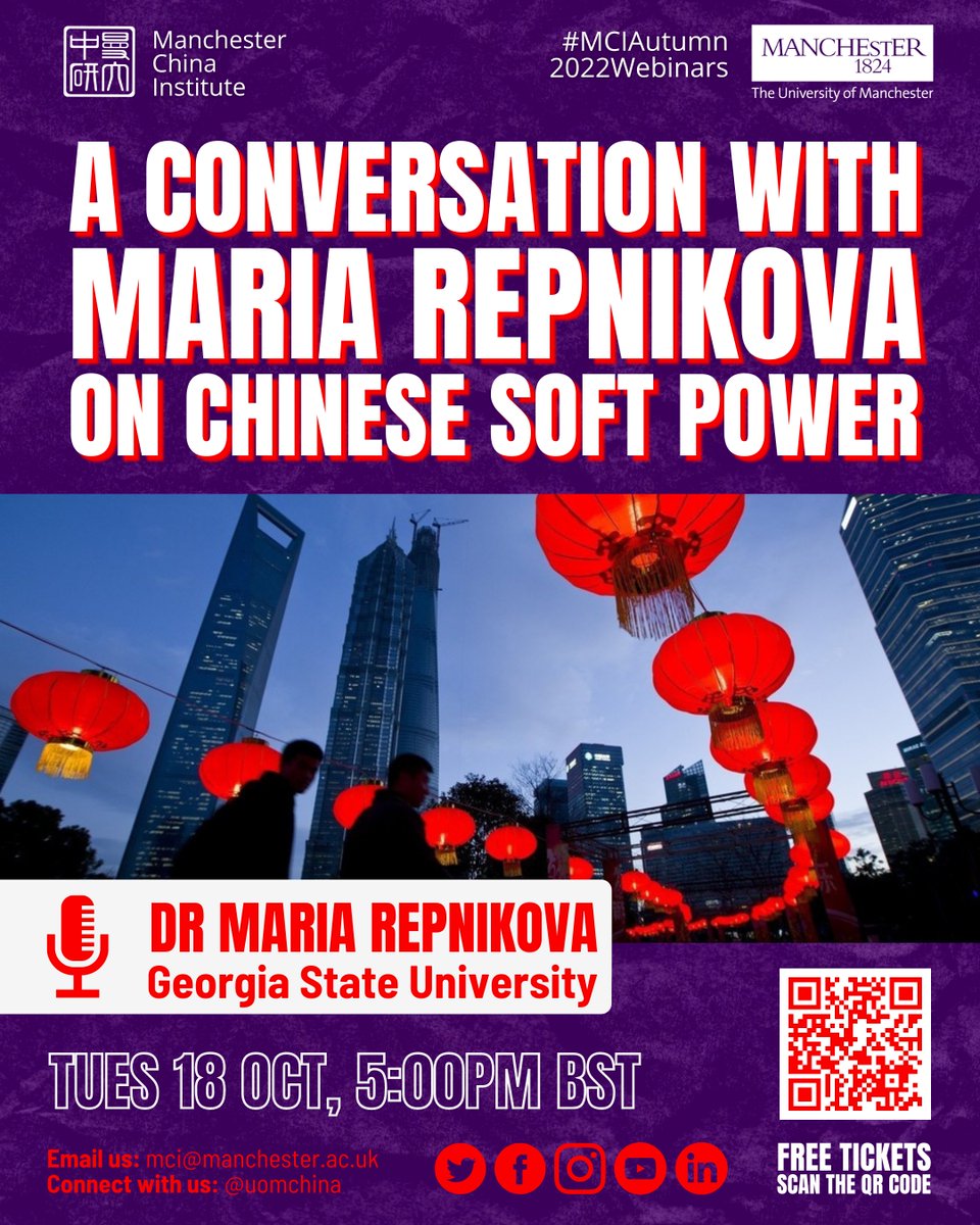 📌TODAY: Dr @MariaRepnikova & MCI Director @PeterHaysGries will be discussing Chinese Soft Power. Join us virtually at 5:00pm BST. Free registration: bit.ly/chinesesoftpow….
