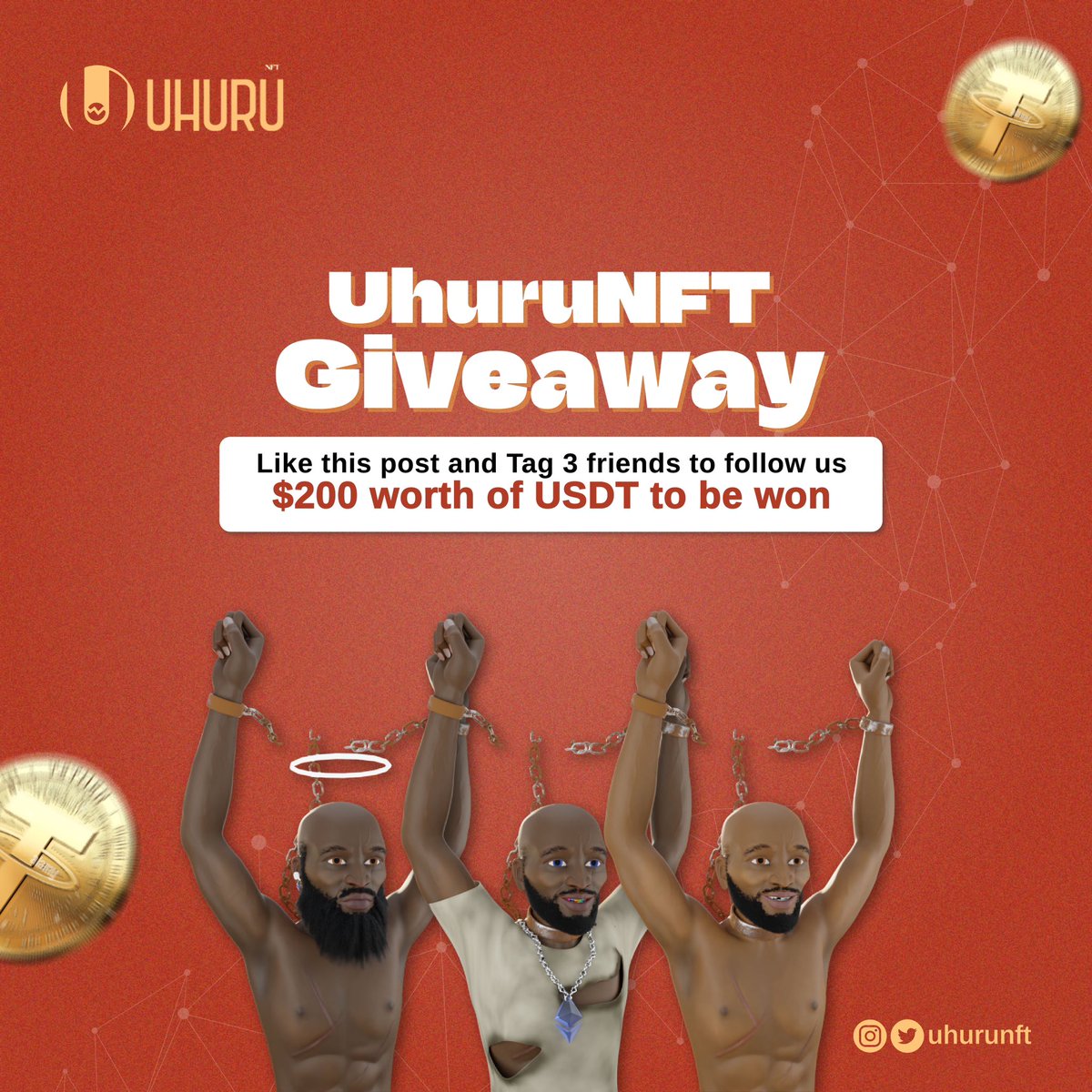 Uhurunfts's tweet photo. It's a new week and there's never been a better time to reward our Community.
Rep UhuruNFT and win from our 200 USDT prize pool🙌🏿
To enter:
- Retweet this post and tag 3 friends to follow our page @Uhurunfts
- 5 winners will be announced every 48 hours. (20th and 23rd October) https://t.co/yLJccQUM9q