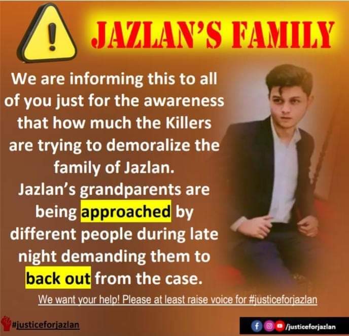 amiranwar88's tweet photo. @Maria_Memon Please help them to raise your voice against these killers.
پھر کوئی شاہ رخ جتوئی قانون اور انصاف کا تماشہ نہ بناۓ ۔
کہیں دیر نہ ہوجانے !!!   
#justiceforjazlan https://t.co/tCzw9Rtcsz