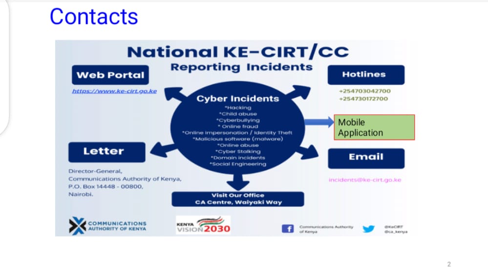 KyengoMaingi's tweet photo. Ms. Gufu Banchale of @CA_Kenya: "To report a cyber security Incident to the National @KeCIRT, Please contact us through the following channels. As well, you can download our KE-CIRT Mobile app from either Apple or Google Play stores"
#CACyberConference22 https://t.co/jMlVMx8Ntu