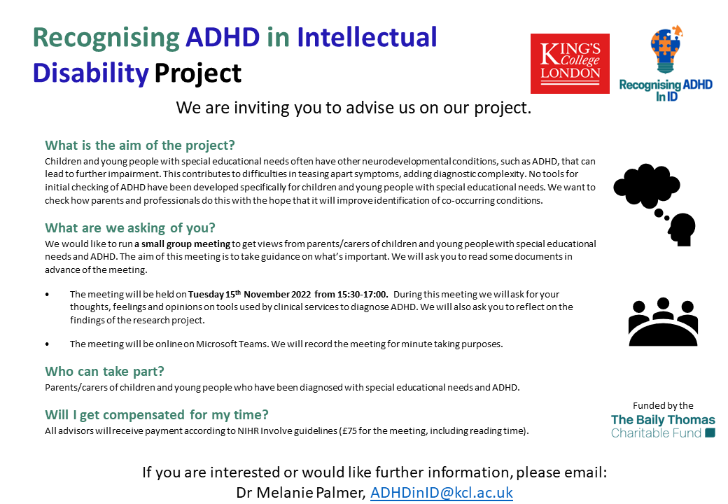 Could you get involved with a King's College London study to help clinicians with more accurate ADHD diagnosis? In a paid group meeting next month, parents will be asked to share their thoughts of how ADHD is diagnosed. If you're interested, email: melanie.palmer@kcl.ac.uk