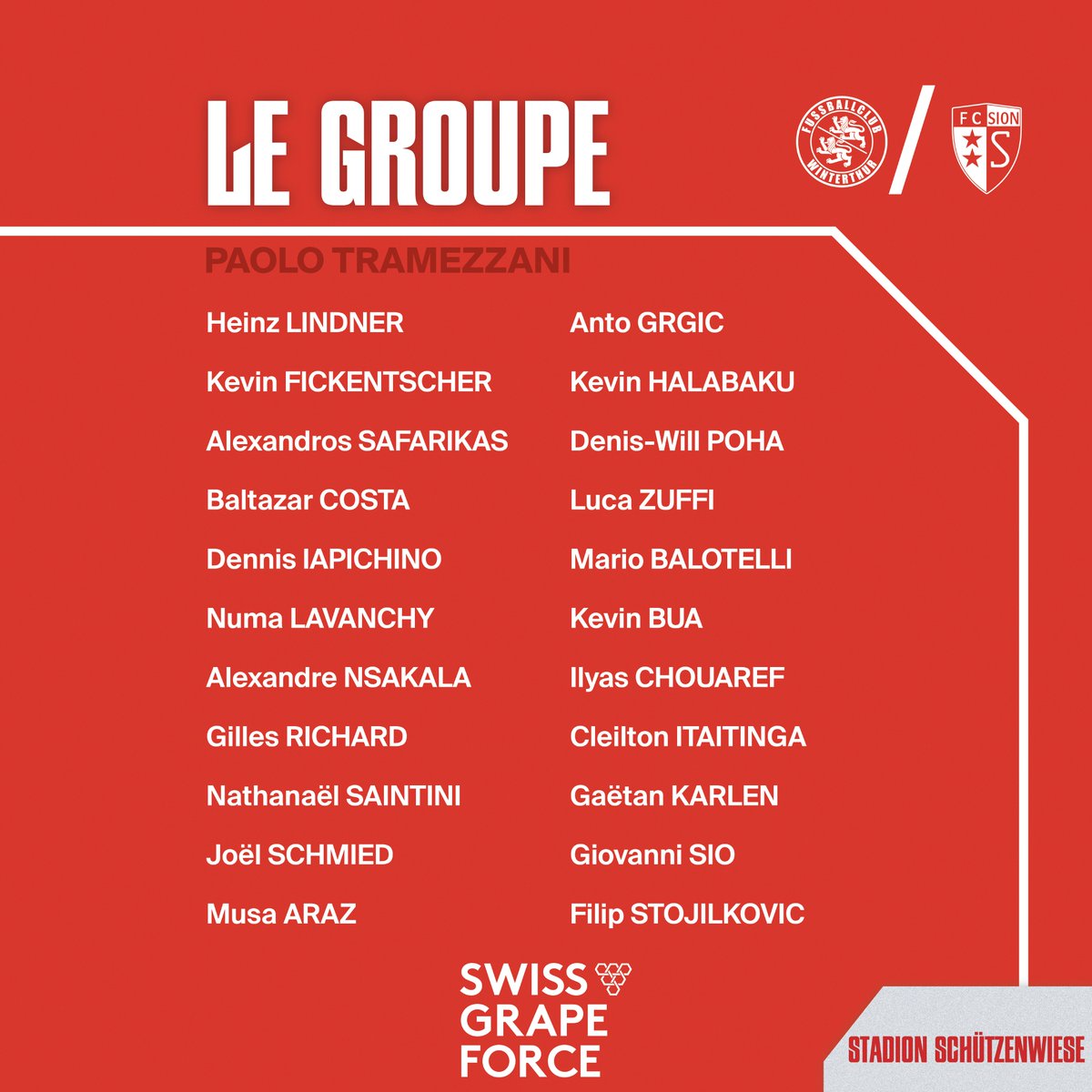 👥 𝗟𝗘 𝗚𝗥𝗢𝗨𝗣𝗘

Paolo Tramezzani et son staff ont convoqué 2️⃣2️⃣ joueurs pour le déplacement à la Schützenwiese !

Les explications 👉🏻 bit.ly/3yP9tBy

#FCSion #TousEnsemble❤️🤍