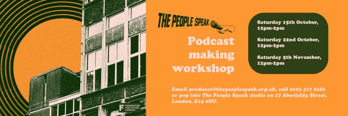 #Free podcast making workshops are happening in #EastLondon! @thepeopletweet's workshops will develop your #publicspeaking confidence, evoke your #creativity and teach you #podcast #recording & #editing skills. Book by emailing: producer@thepeoplespeak.org.uk