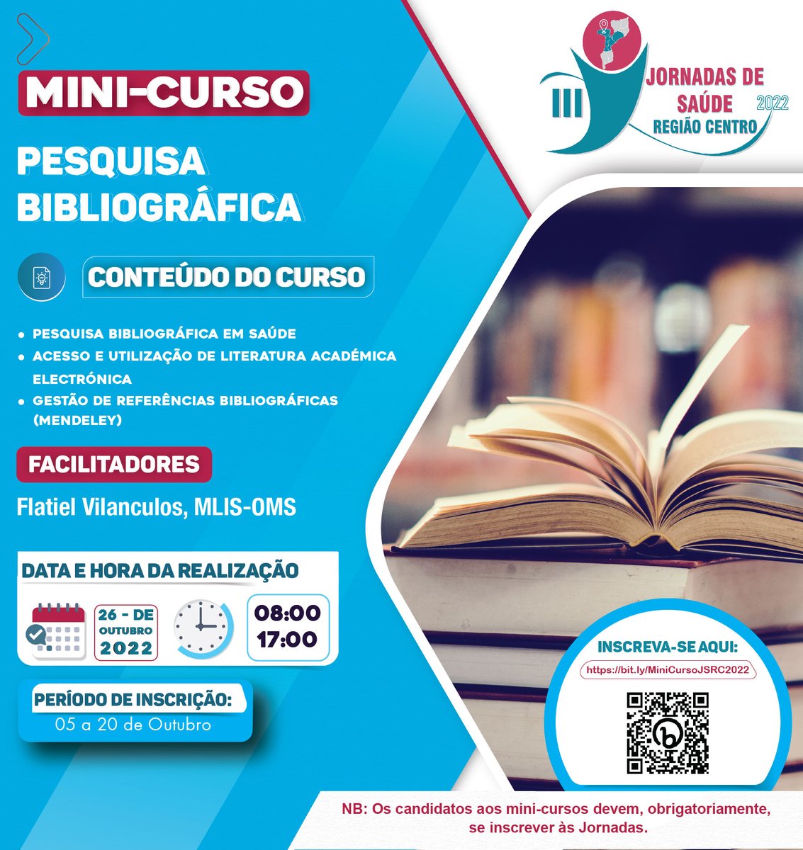 🗓️ 26.10 | 📚Mini-Curso: Pesquisa Bibliográfica ✏️Inscreva-se aqui: bit.ly/MiniCursoJSRC2… #jornadasdesaude