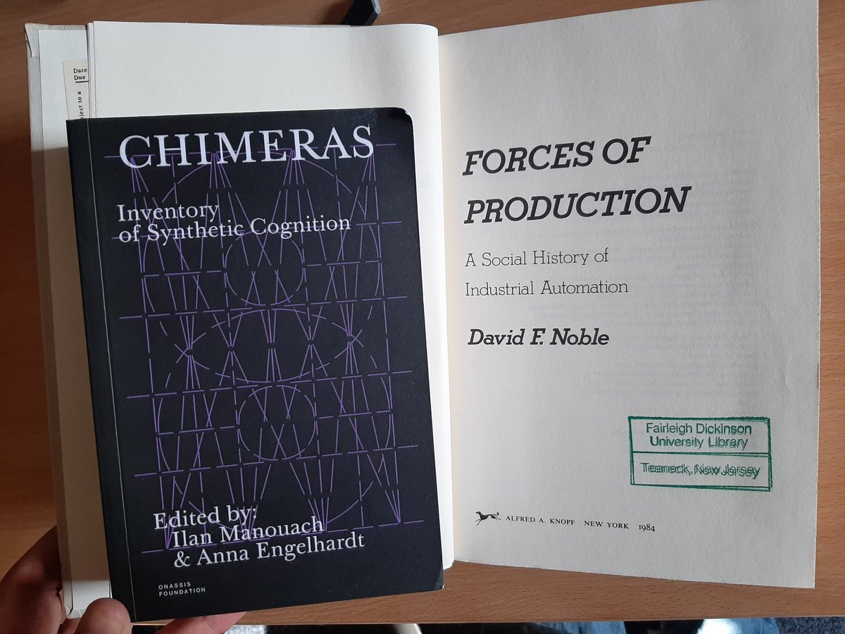 FractaloidConvo's tweet photo. Just arrived - looking forward to photosynthesise this brill volume on the left edited by @IlanManouach and @engelhardt_x on #SyntheticCognition - as much as the second one, #ForcesOfProduction by #DavidNoble kind courtesy of @OddSocksCas's persistent targeted nudgevertising. https://t.co/BdSxj0xvLl