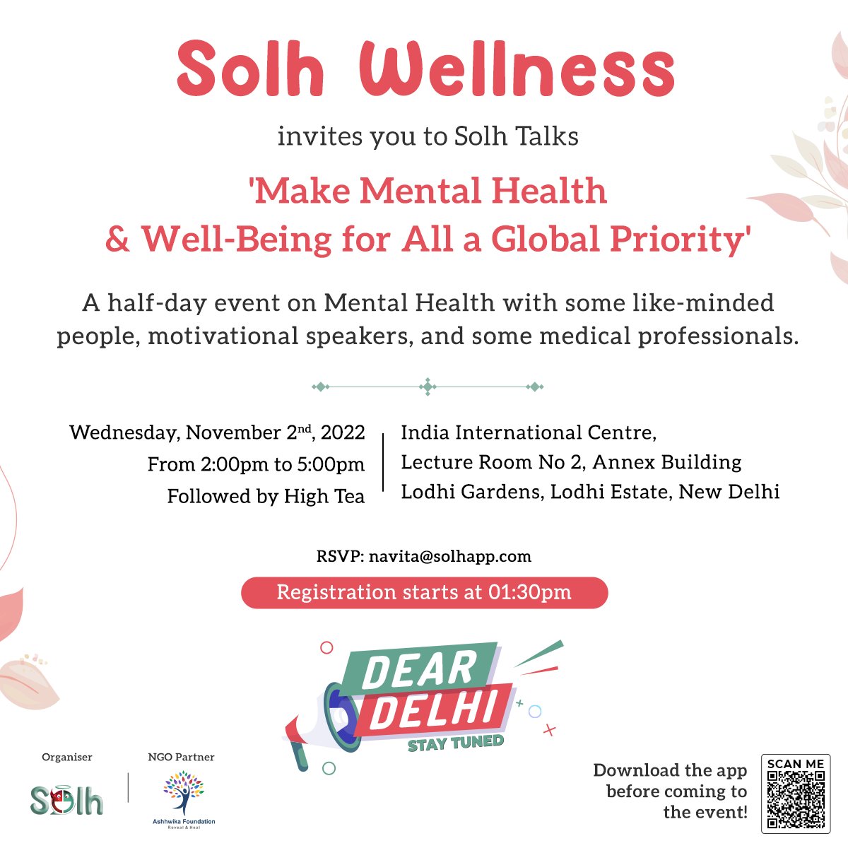 solhappofficial's tweet photo. We invite you, Delhi, to Make Mental Health &amp; Well-being for all a Global Priority.

A half-day mental health event post-Diwali to know yourself better.

Be there at IIC, New Delhi, on 2nd November 2022

Entry Free! 

RSVP: navita@solhapp.com

#SolhTalks #MentalHealthEvent https://t.co/lqpA9wfC1u