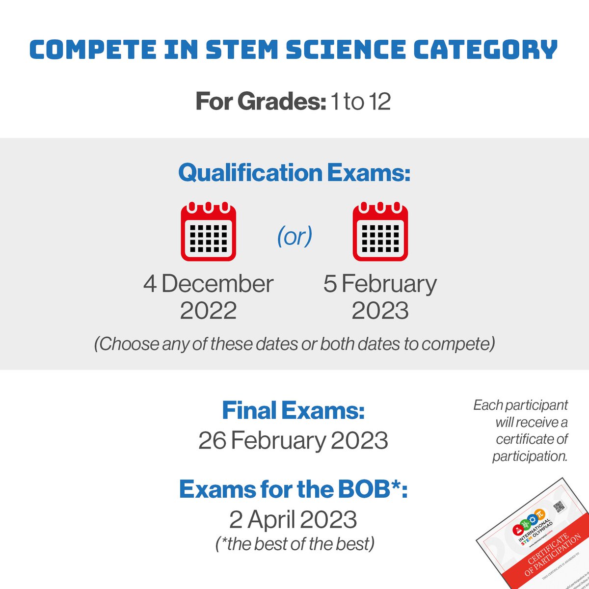 StemOlympiad's tweet photo. HURRY UP! REGISTER NOW!

🌐 https://t.co/9jxxOKoSMK

#stem #steam #science #math #physics #biology #chemistry #awards #certificate #stemeducation #naturalsciences #computer #student #school #education #experiment #challenge #stemolympiad #coding #computerscience #popularscience https://t.co/zKh5rNbMJE