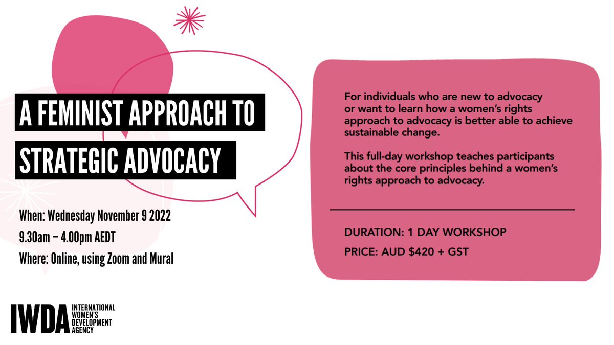 iwda's tweet photo. Looking to build on your advocacy skills and learn new tools to help you achieve transformative, sustainable change? Sign up today for our new 1-day online workshop – A Feminist Approach to Strategic Advocacy!

Book your spot at https://t.co/YNi8x7BDrk! 

#FeministWorkshops https://t.co/yVdm58MxJE