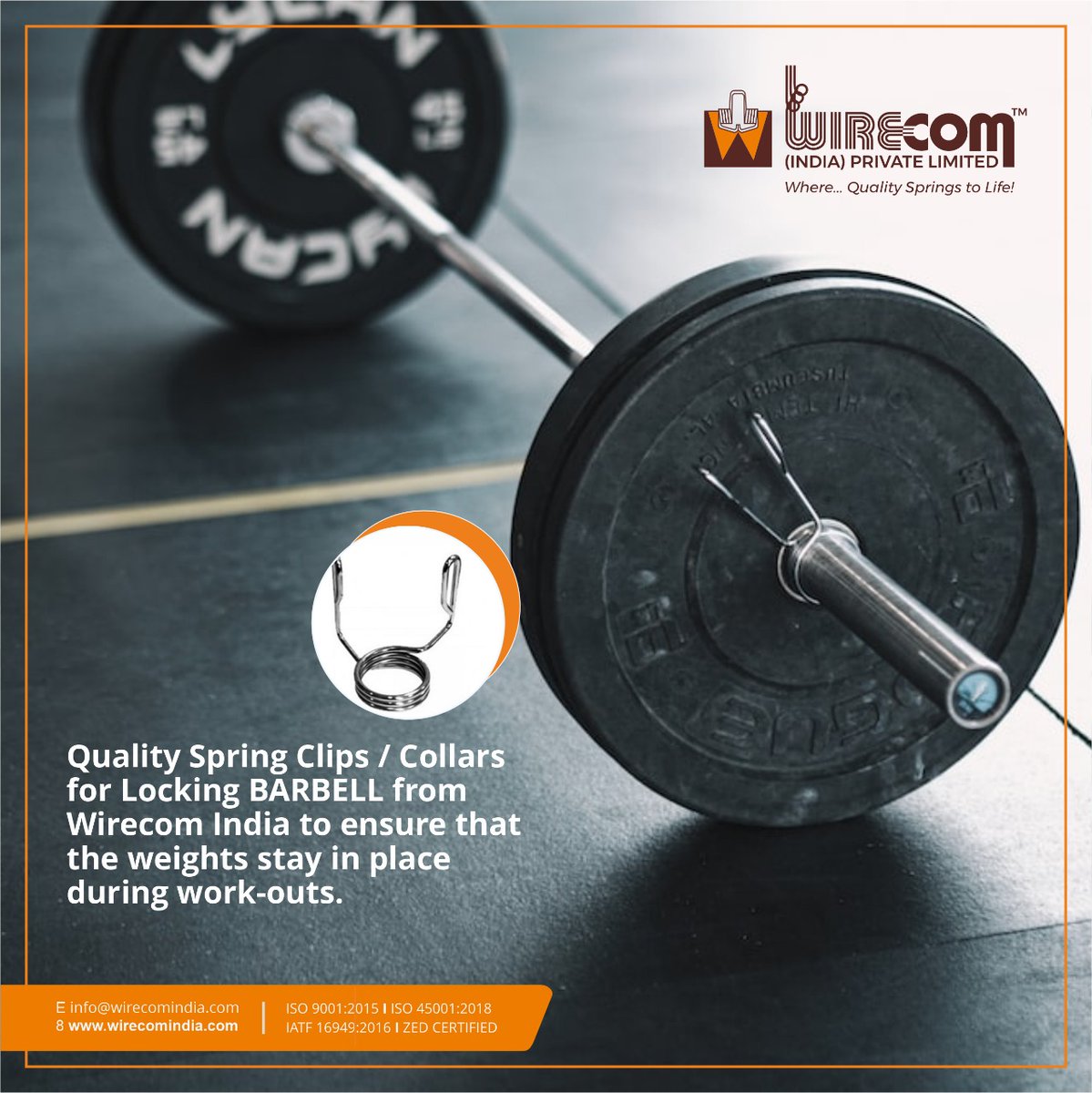 WirecomIndia's tweet photo. Our Quality #Spring Collars only have one reasonability; to hold your weights in place on the #barbell. The high-quality material of the #springclips enables them to withhold the pressure of bigger #weightplates with ease and not cause any strain on your #workout.

#mumbai #pune https://t.co/uSt1Mll5Lv
