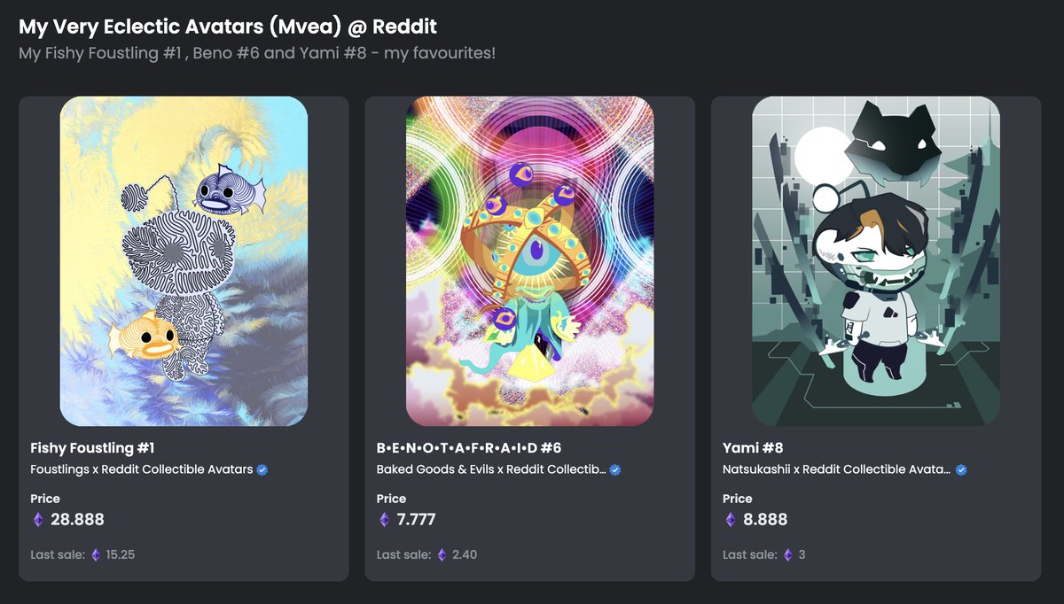 u_mvea's tweet photo. My current Gen1 #RedditAvatars / #RedditNFTs that I'm holding - Fishy #Foustling #1, #Beno #6 and #Yami #8 - check out @Reddit avatars before Gen2 drops soon! https://t.co/hSvAlc83gC