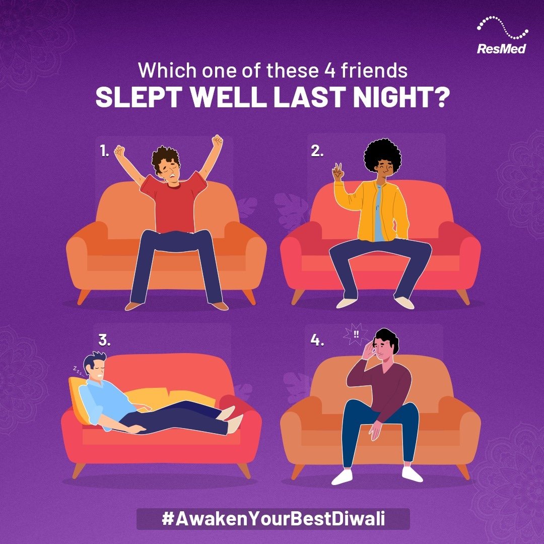 ResmedIndia's tweet photo. Tell us in the comments below! 

Hint: Only 1 of these 4 was able to awaken their best…

#ResMed #ResMedIndia #SleepAwareness #AwakenYourBest #SleepHabits #HomeSleepTest #HST #festiveoffer #diwalioffer #diwaliplans #stayfresh https://t.co/wUyxU9EAVi
