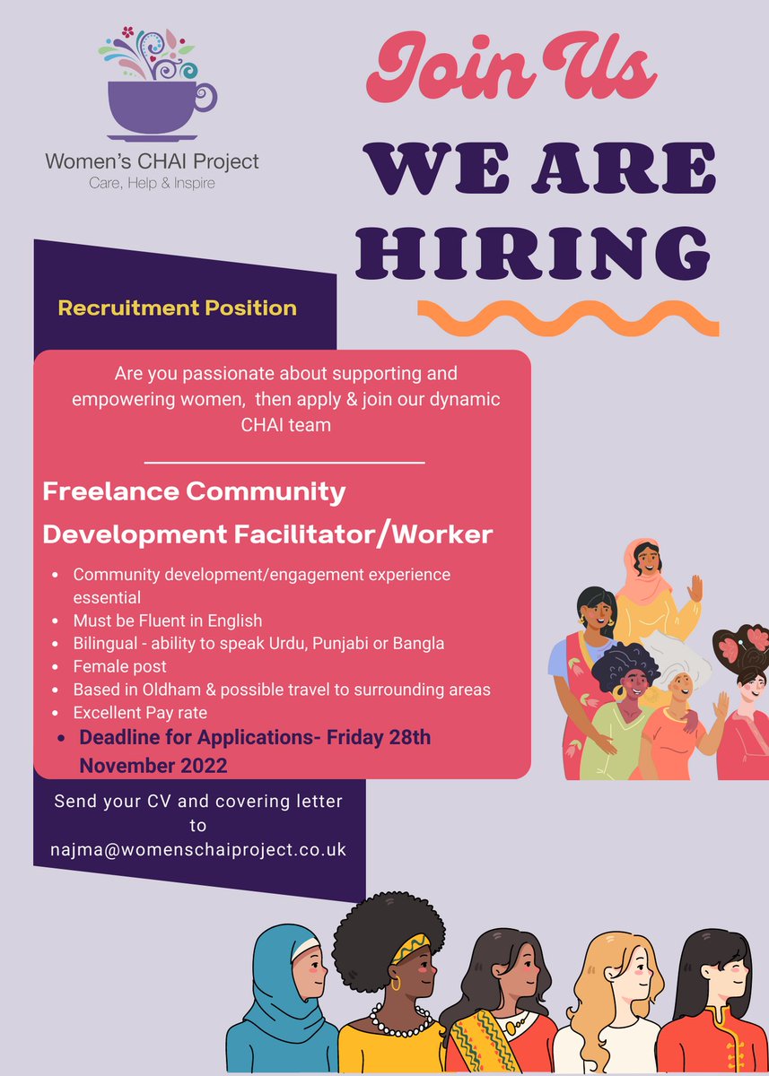 Najma Khalid MBE (@najmakhalid1) on Twitter photo The Women's CHAI Project is expanding. Are you passionate about supporting women? Have you a few hours free a week to help women; then come join the CHAI team. If you are interested please send your CV & Covering letter to najma@womenschaiproject.co.uk.
Please re-tweet The Women's CHAI Project is expanding. Are you passionate about supporting women? Have you a few hours free a week to help women; then come join the CHAI team. If you are interested please send your CV & Covering letter to najma@womenschaiproject.co.uk.
Please re-tweet