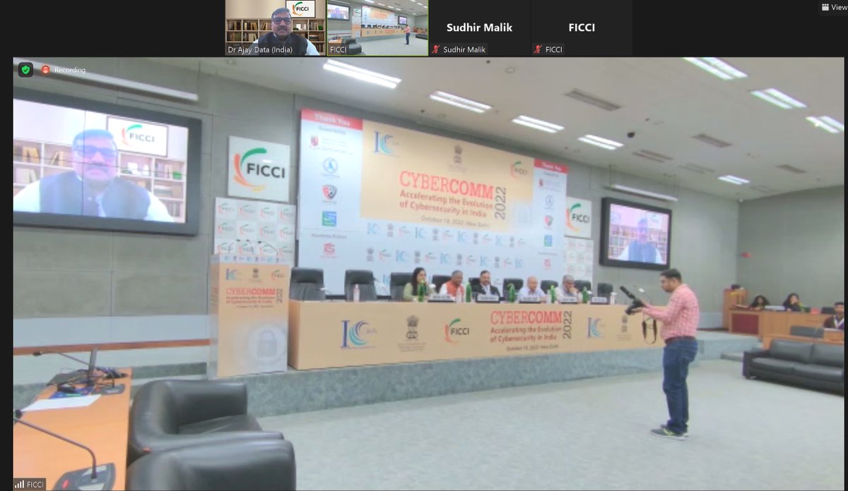 ajaydata's tweet photo. Just delivered Welcome Note in @ficci_india #cybercomm 2022 with distinguised guest Lt. General (Dr) Rajesh Pant, National Cyber Security Coordinator, and Special Secretary to the GOI, Dr Sanjay Bahl, Director General, CERT-In, @GoI_MeitY #delhi https://t.co/fbpv0lQYy7