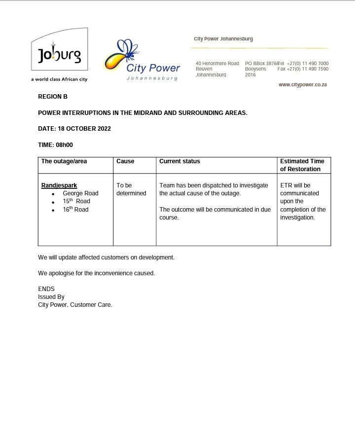 CityPowerJhb's tweet photo. #Midrand #RandjesPark

Team has been dispatched  ^NT https://t.co/2AP5SNvait