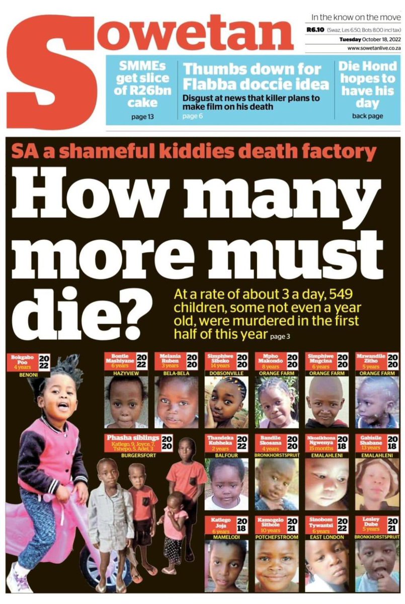 What a disturbing yet powerful cover story 💔

Thank you @SowetanLIVE for reporting on this. 

Over 500 children in 6 months, murdered. 

Sies.