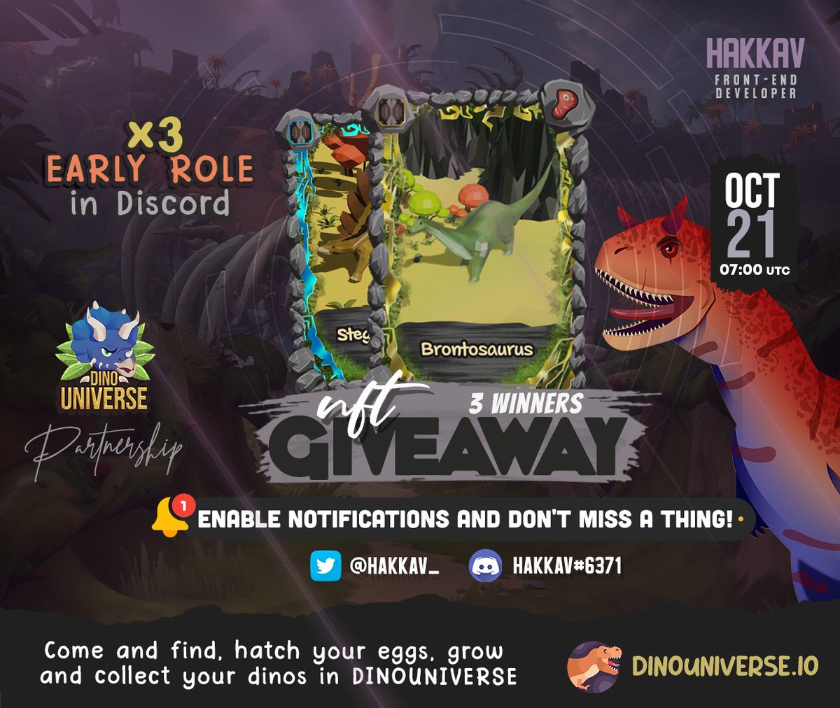 EARLY ROLE: 3 Winners🎁
1️⃣Follow <a href="/DinouniverseGO/">Dinouniverse</a> &amp; <a href="/hakkav_/">Hakkav</a>
2️⃣Like, retweet and comment tagging +3 friends.
3️⃣Join discord.gg/tCXNkxdd
🗓️Ends 21/10 07:00 UTC

Participate now, good luck!🦁#NFTCommunity #NFTGiveaway #WAXP #NFTProjects #NFTdrop #SolanaNFT #NFT #NFTArt <a href="/WAX_io/">WAX</a>