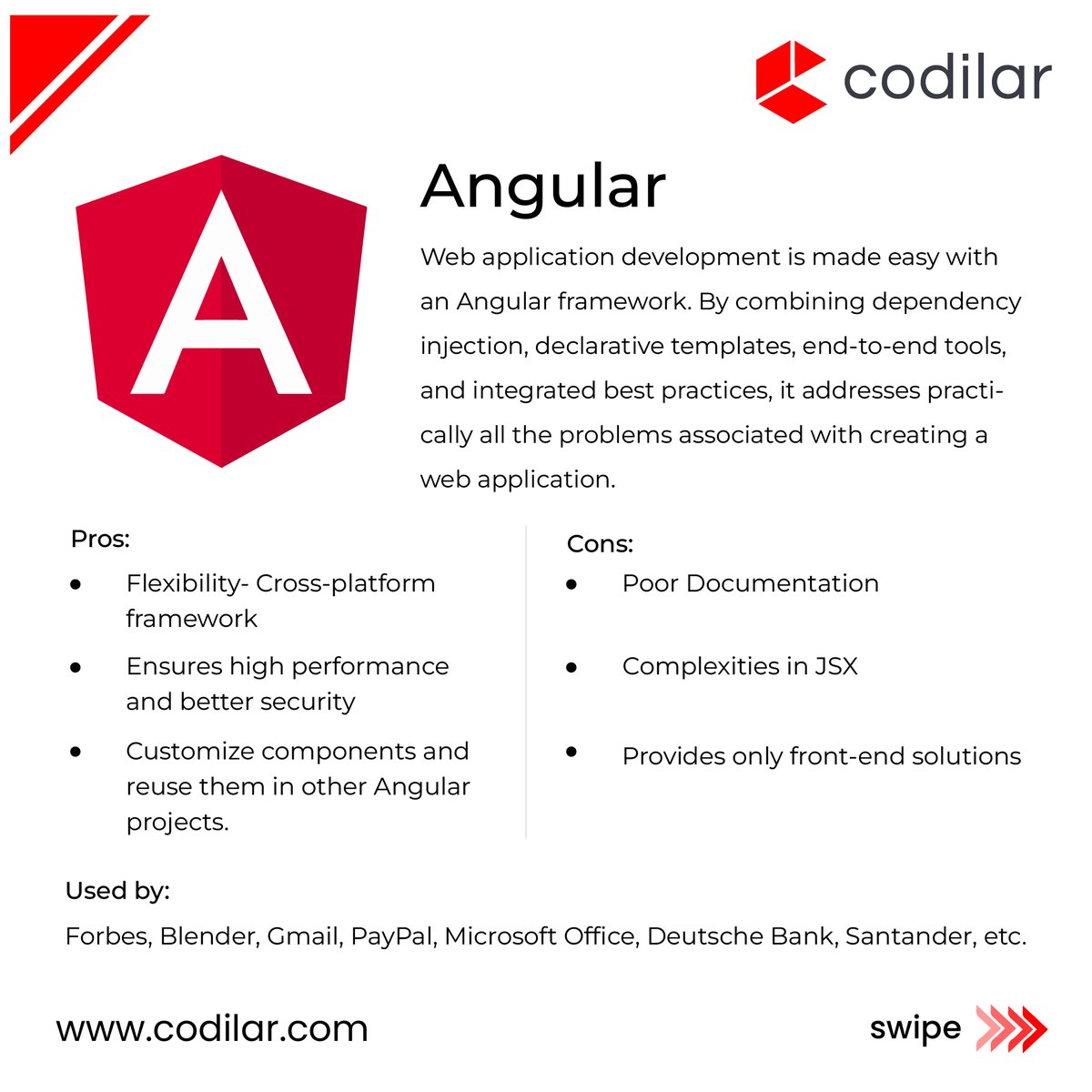 codilar's tweet photo. Front-end frameworks are a useful tool for developing intricate user interfaces. Here are the top 3 best front-end frameworks you can choose.
.
#frontend #frontenddeveloper #react #vuejs #angular #magento #adobecommerce #ecommerce #magentodeveloper #Codilar #codilartechnologies https://t.co/1pV0pxSd1a