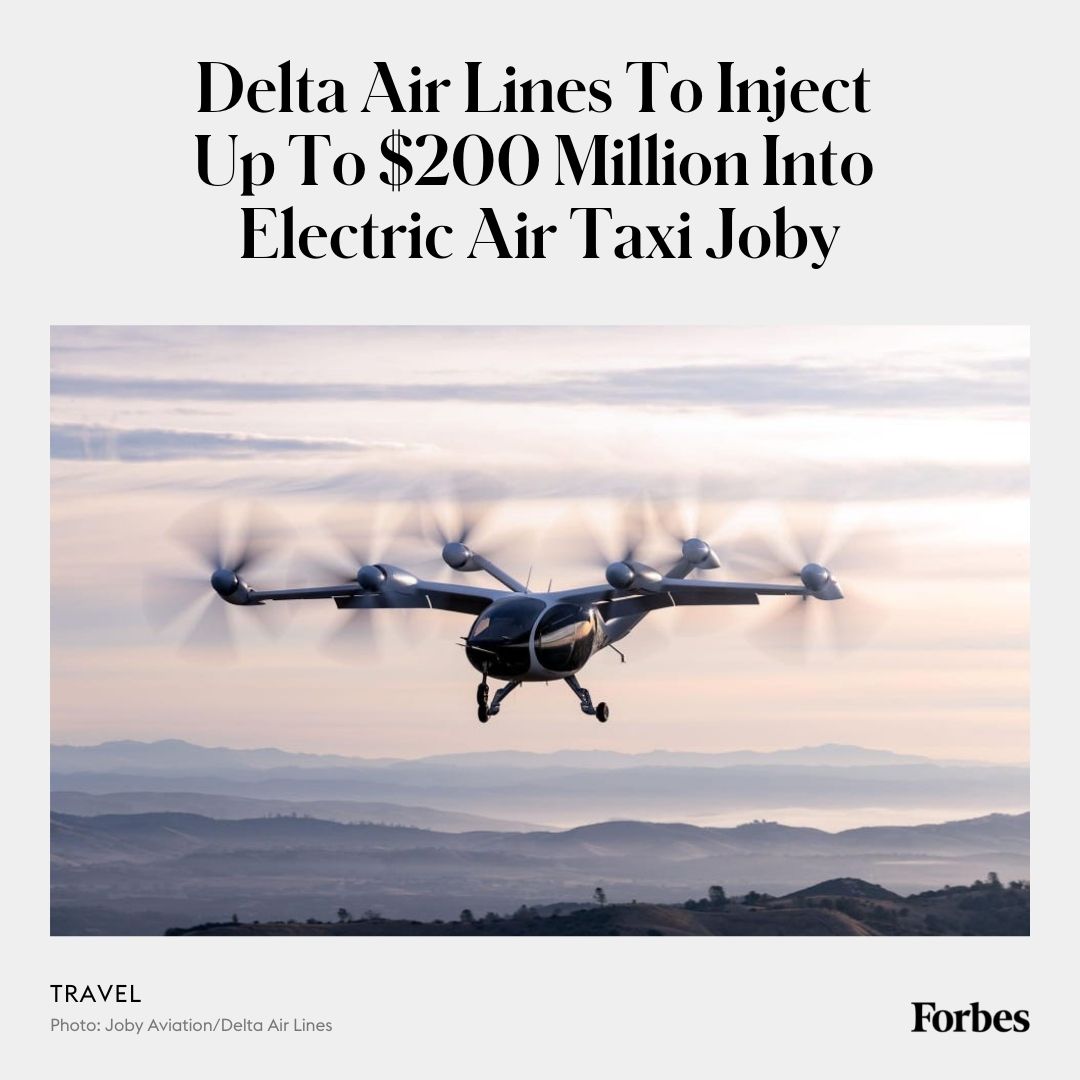 Forbes's tweet photo. In the near future, getting to and from the airport will be quick, quiet and clean. Delta and other major airlines are putting their money into sustainable shuttles. https://t.co/dHeOs4A7eW https://t.co/Cj7IkGHAxY