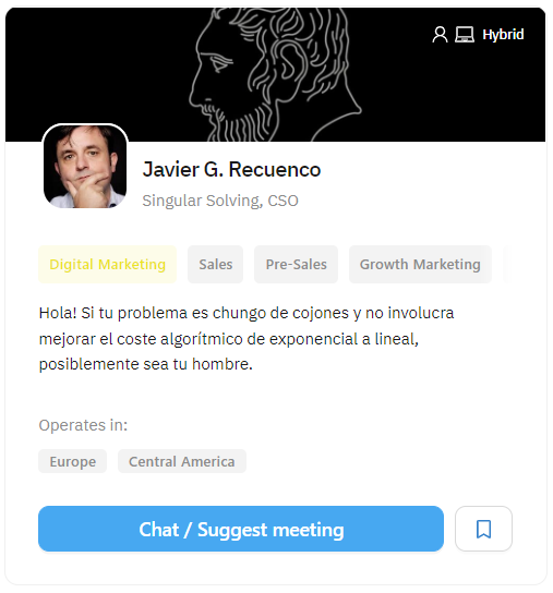 Tienes la oportunidad de charlar con <a href="/Recuenco/">Javier G. Recuenco</a> y que te ayude con tu «problema chungo de cojones».

DAAAAADLE CAÑA A BRELLA. ¡Que reviente la #tarugo22!