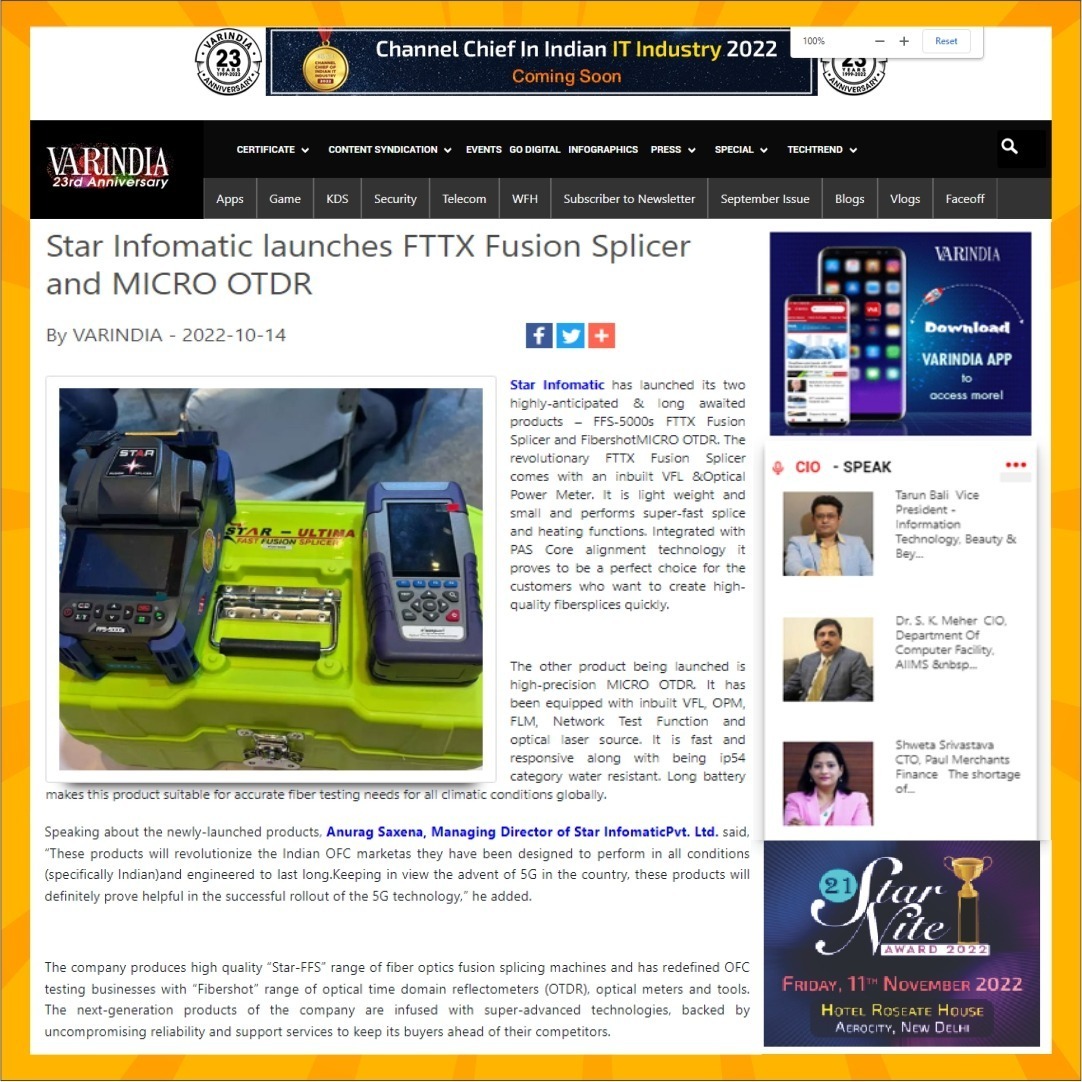 StarInfomatic's tweet photo. #StarInfomatic launched its much awaited two highly precision products - FTTX Fusion Splicer and MICRO OTDR to revolutionize the Indian OFC market.
Read here: https://t.co/UUJfaiRTTP
#varindia #Telecom #AnuragSaxena #StarTechnologies #SCATExhibition #FFS5000s #MICROOTDR #TEPC https://t.co/qH3Gxmizlb
