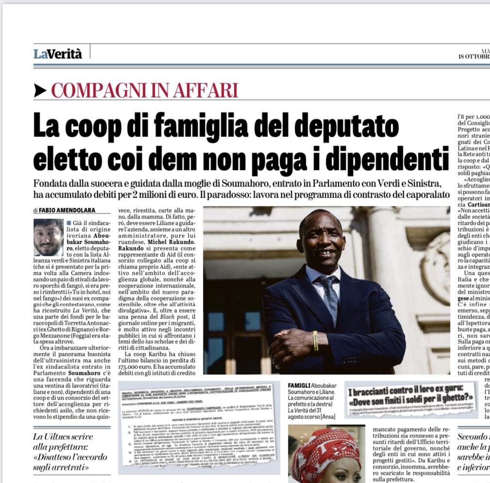 “La coop di famiglia del deputato #AboubakarSoumahoro, eletto coi dem, non paga i dipendenti”
@amendolaraf 

P.S. Ora ho capito a cosa servivano gli stivali di gomma il primo giorno alla Camera.