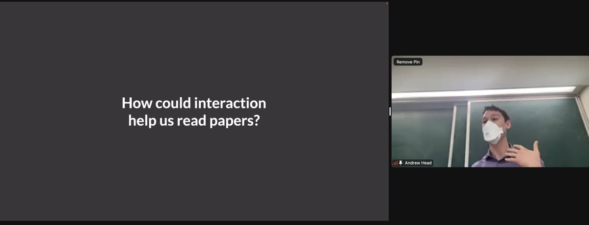 imjuhokim's tweet photo. Andrew Head @drewmikehead (UPenn) visits KAIST and gives an awesome talk titled "Designing the Interactive Paper". He introduces systems that define terms, explain notation, enliven the static, &amp; simplify the complex. Sadly I'm remote as a host while he's there in person. :) https://t.co/qzO0bIuTGD