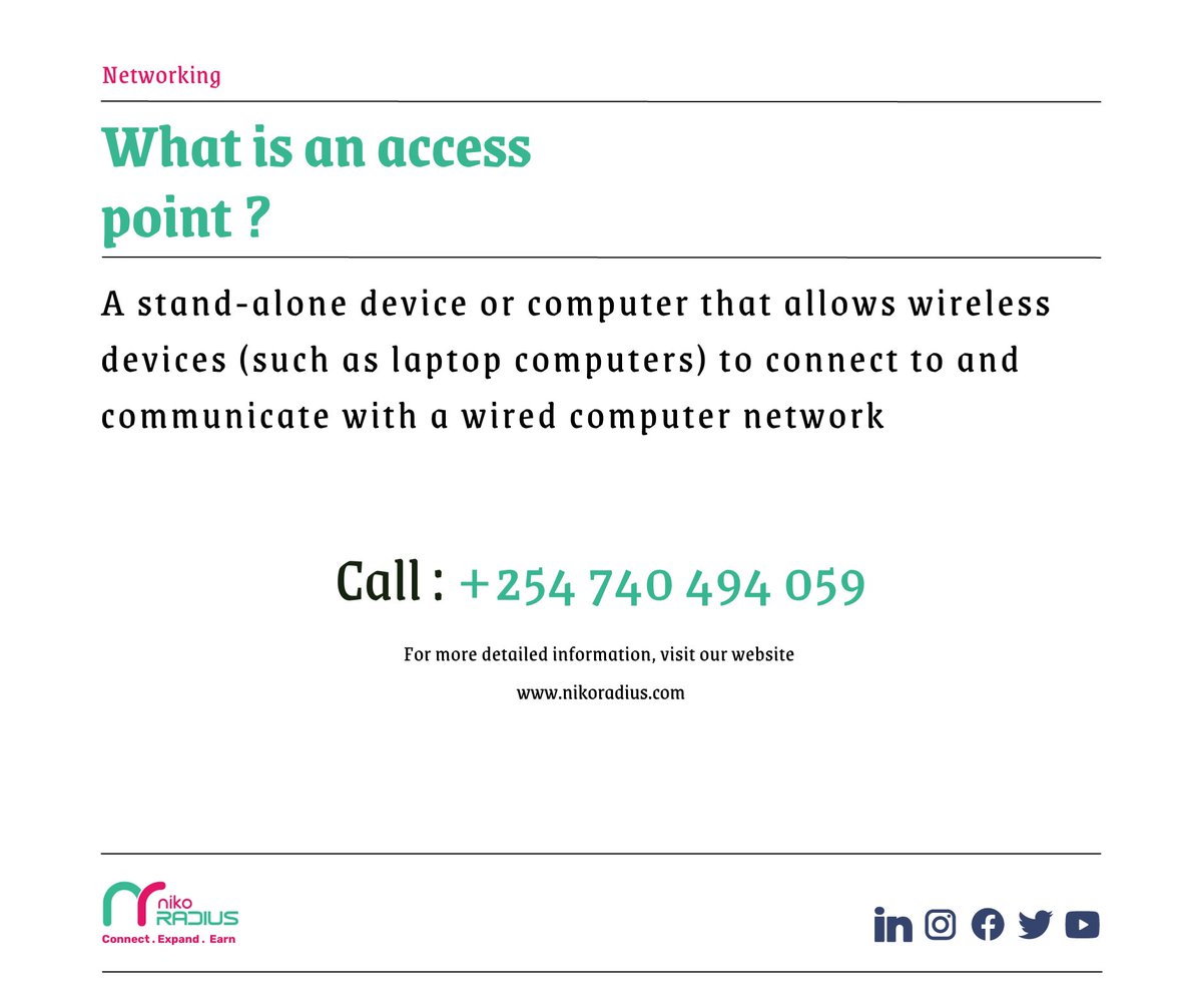 Today on Networking we learn about Access Point and their importance in the transmission of the internet to wireless devices. Talk to us today and expand your hotspot business by managing your network with Nikoradius
#Networking.
#ISPs
#Nikoradius
#Billingsoftware