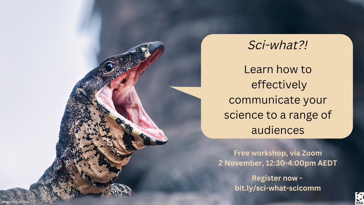 ⭐️FREE online workshop⭐️ Learn tips and ideas for more effectively communicating your science and engaging with a range of audiences. Presented by @scidocmartin, @EuanRitchie1 & @kyliesoanes. When? 2 November 12:30-4pm AEDT Register: ecolsoc.org.au/news/learn-how… 📷: Kristian Bell