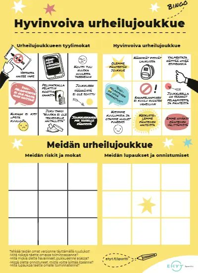 EHYTry's tweet photo. Hyvinvoivan urheilujoukkueen huoneentaulu ⭐️
Miltä teidän joukkueenne huoneentaulu näyttää? Keskustelkaa julisteen avulla yhdessä pelaamiseen ja päihteisiin liittyvistä asioista.
https://t.co/qn6DlvVr0r
#sporttihanke #ehytry #seuratoiminta https://t.co/pGIPj5LcBz